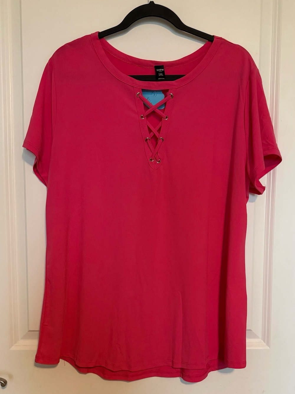 SHEIN Hot Pink Lace-Up Short Sleeve Tee